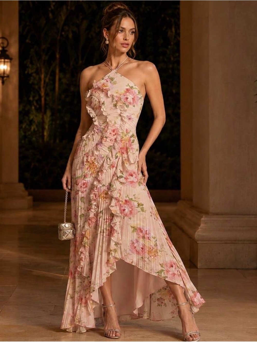 Pink Floral Halter Ruffle High-Low Dress